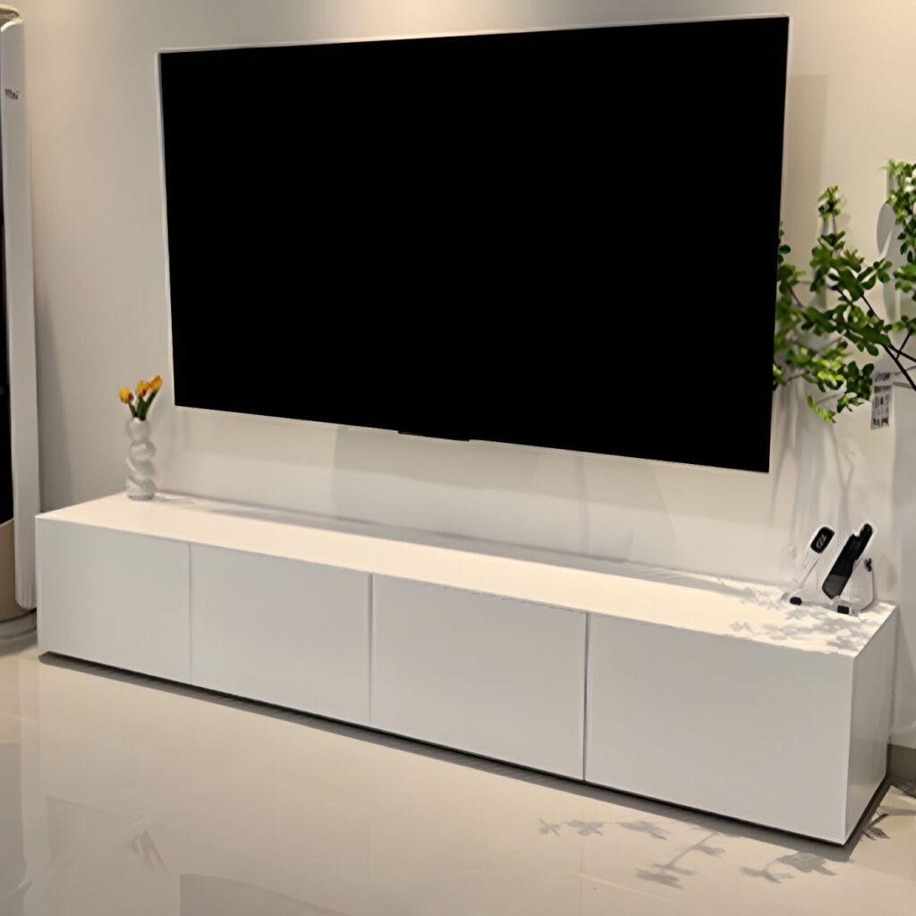 1200x12004 120 Chic 59 inch White Media Console with Gas Strut Drop-down Door, Modern Minimalist TV Stand featuring 2 Hidden Handle Drawers