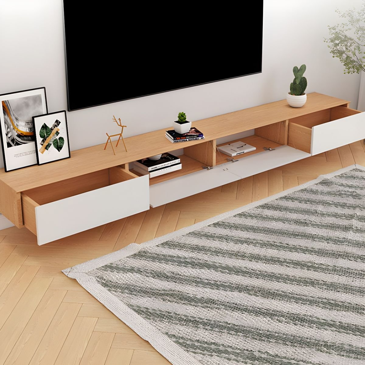 Chalk Modern Simple Style Wood TV Stand with Shelf, 4 Drawers, Cable Management, and Open-air Storage - Image 6
