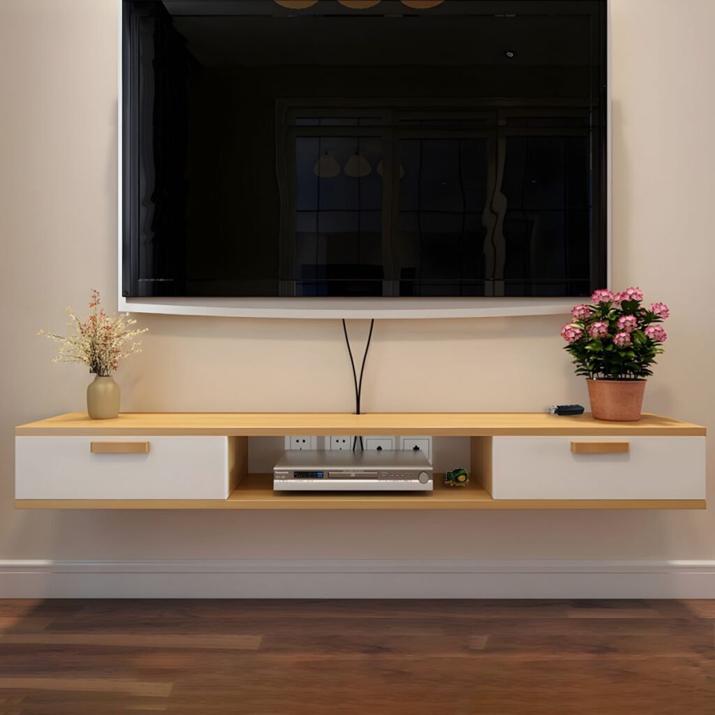 1200x12004 123 Natural Color Lumber TV Stand with Exposed Storage, Shelf, 2-Drawer & Cable Management