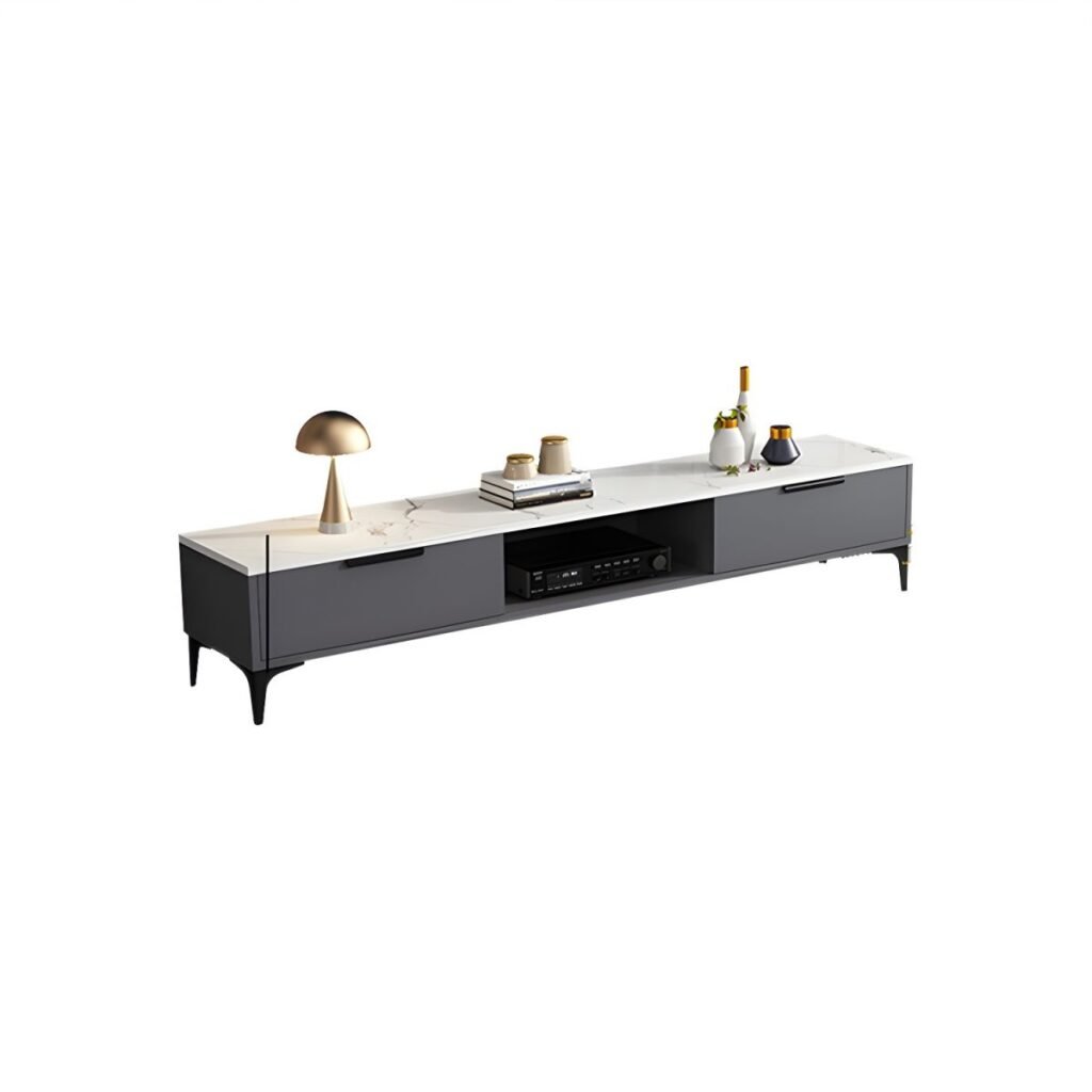 1200x12004 128 Sleek Two Tone Media Console with Central Open Shelf, 47 inch Contemporary Grey and White TV Stand for Modern Apartments