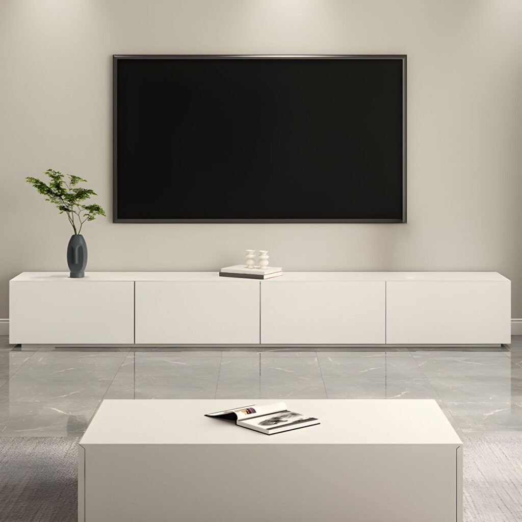 1200x12004 131 Ultra Sleek White TV Console with Gas Lift Flap Door, 59-94 inch Versatile Media Base for Modern Large Living Rooms