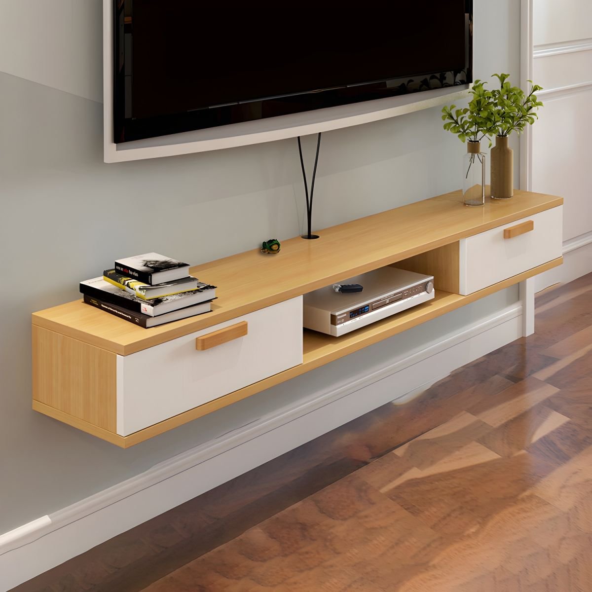 Nordic Wall-Mounted TV Console Solid Wood 2-Drawer Floating TV Stand Console - Image 5