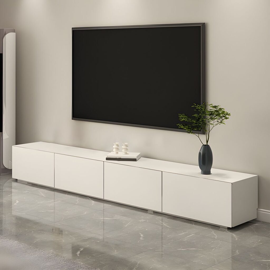 1200x12004 136 Seamless White Linear TV Stand with Gas Lift Flap Door, 59-94 inch Stunning Media Base for Modern Minimalist Homes