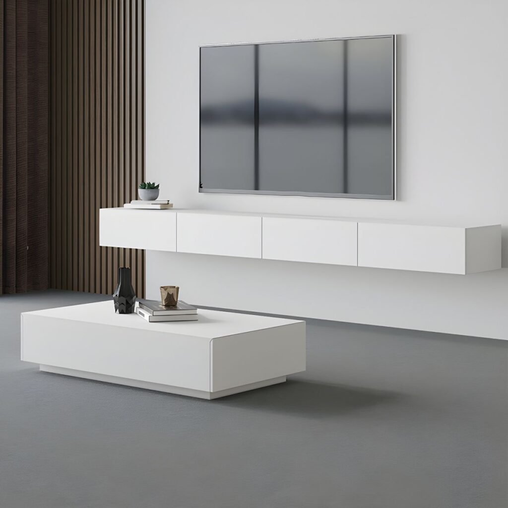 1200x12004 137 Sleek White Floating TV Stand with 2 Drawers, Stunning 71 inch Wall Mounted Media Console for Modern Luxury Spaces