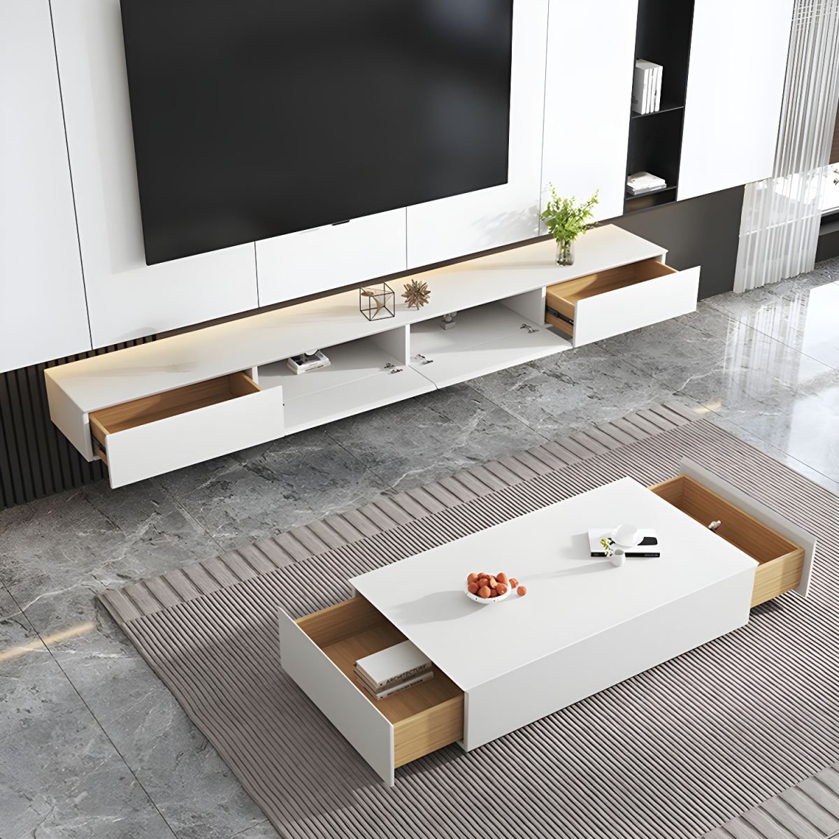 Art Deco TV Stand with 2 Drawers, 2 Cabinets, and Cable Management - Image 5