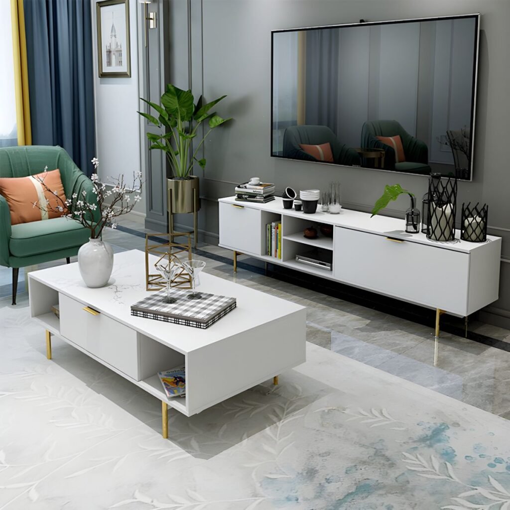 1200x12004 147 Modern White Gold TV Stand with 3 Drawers, Stunning 79 inch Media Center with Elegant Tapered Legs