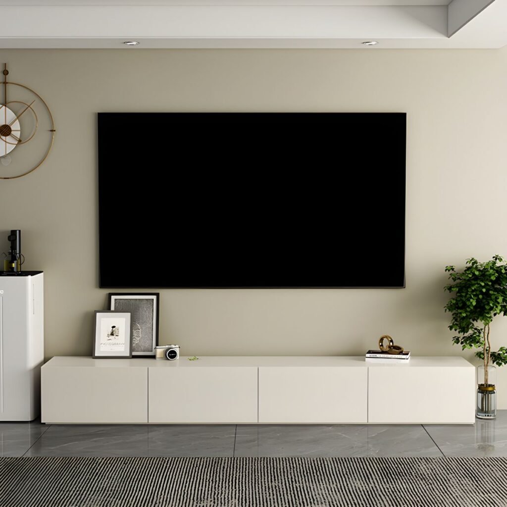 1200x12004 152 Seamless White Drawer Media Base, Radiant 94 inch Minimalist TV Unit with 4 Buffer Drawers for Modern Lounges