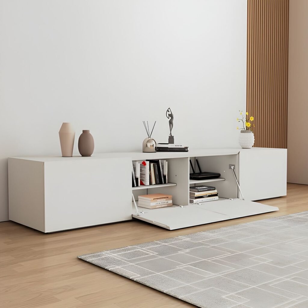1200x12004 153 Sleek White Media Console Table, Radiant 94 inch Minimalist TV Stand with Drop-down Storage for Modern Homes