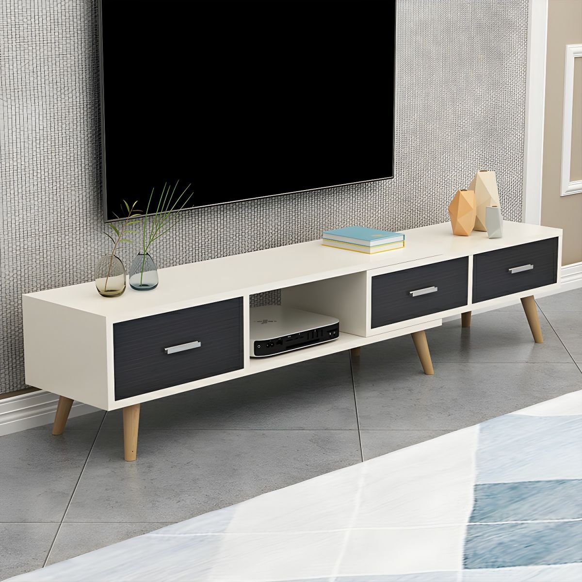 Wood TV Stand Console in Wood with Storage Drawers and Metal Legs Glam - Image 6