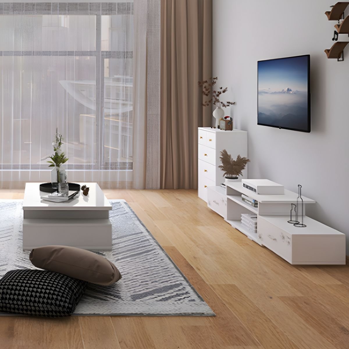 Contemporary TV Stand with Drawers / Cabinets in White , Faux Wood TV Console - Image 5