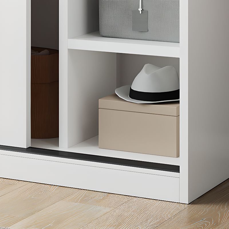 White Minimalist Manufactured Wood Wardrobe Closet with 2 Drawers, Interior Shelves, and Clothing Rod - Image 5