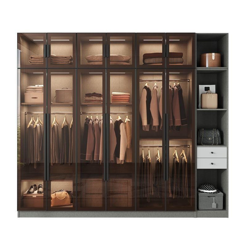 Elegant Dark Grey Glass Wardrobe with Integrated LED Lighting, 96" High Luxury Armoire featuring 3C Tempered Glass & Soft-Close Drawers - Image 6