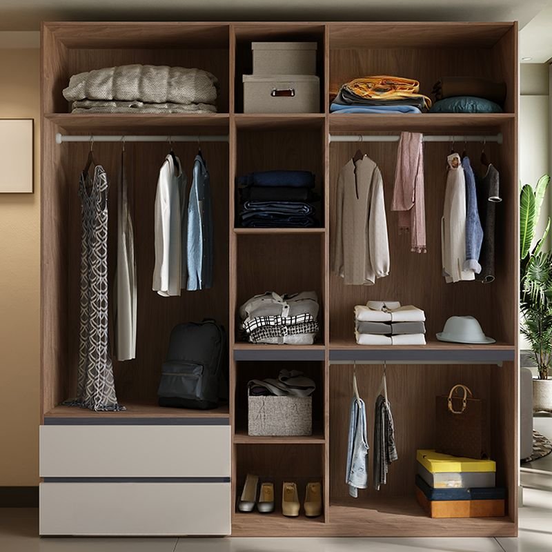 Chic Warm Beige & Wood Grain Wardrobe with Hidden Handles - Premium 94.5" Tall ENF Eco-Friendly Armoire - Image 5