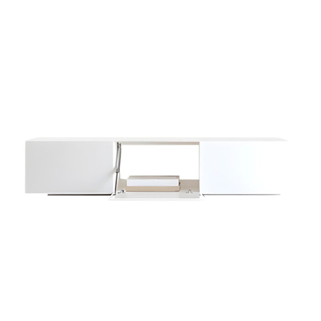 1200x12005 110 Chic 59 inch White Media Console with Gas Strut Drop-down Door, Modern Minimalist TV Stand featuring 2 Hidden Handle Drawers