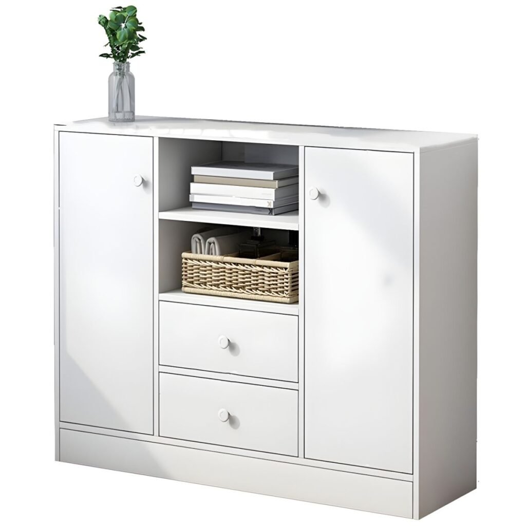 1200x12005 112 Elegant Tall White Wood TV Stand with 2 Drawers and Cabinets, 40 inch Compact High Media Console for Bedroom and Small Living Room
