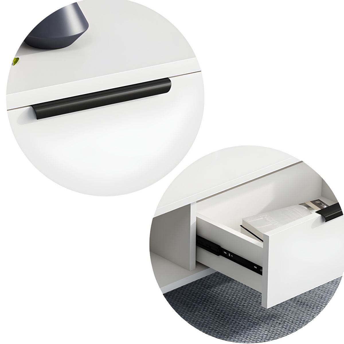 Ivory Wood TV Stand with Shelf, 2 Drawers, 2 Cabinets, Cable Management, and Visible Storage - Image 6