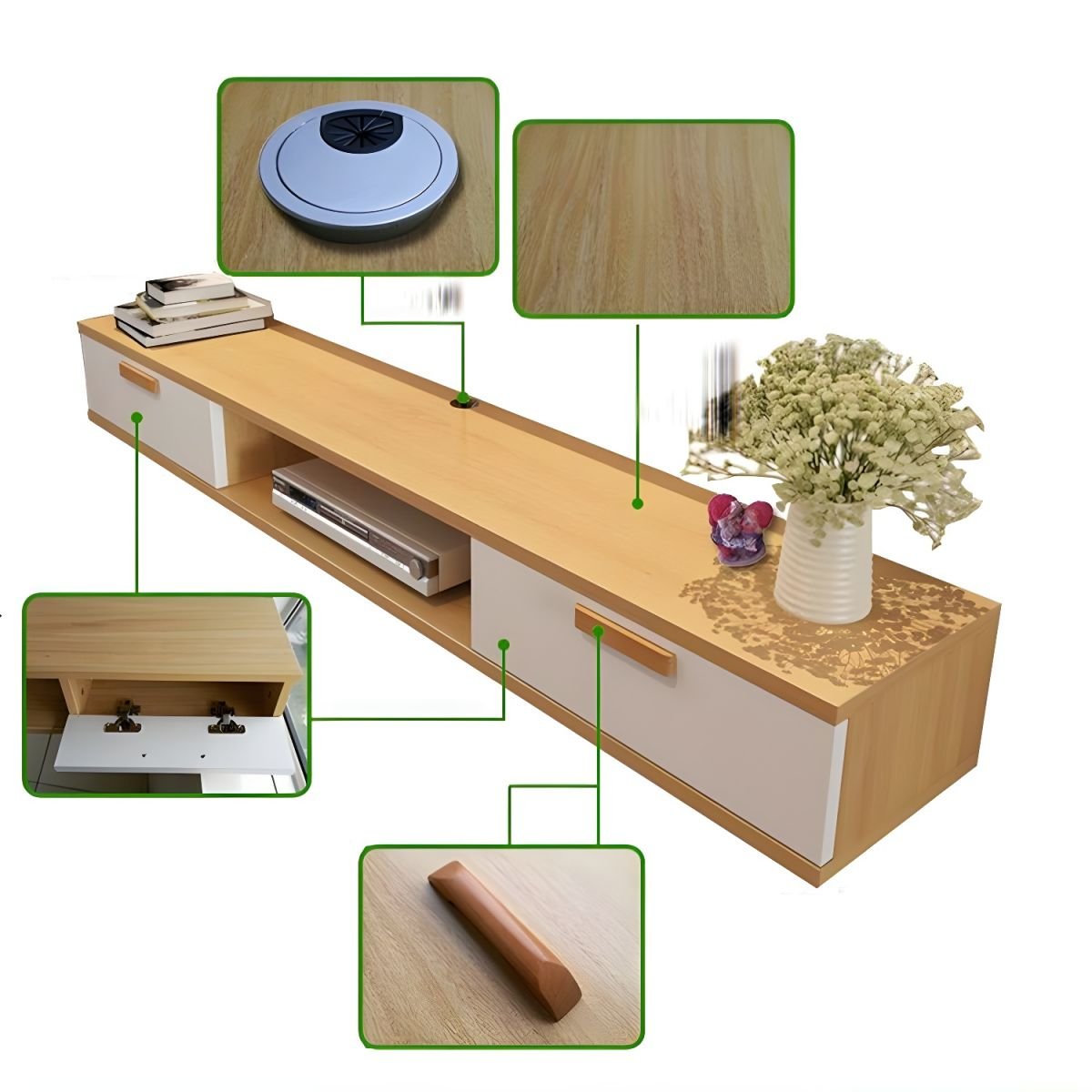 Nordic Wall-Mounted TV Console Solid Wood 2-Drawer Floating TV Stand Console - Image 6