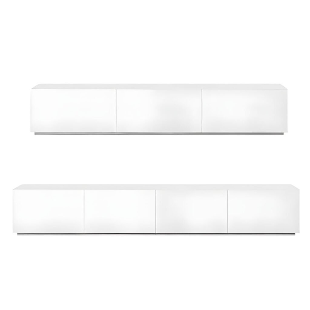1200x12005 126 Seamless White Linear TV Stand with Gas Lift Flap Door, 59-94 inch Stunning Media Base for Modern Minimalist Homes