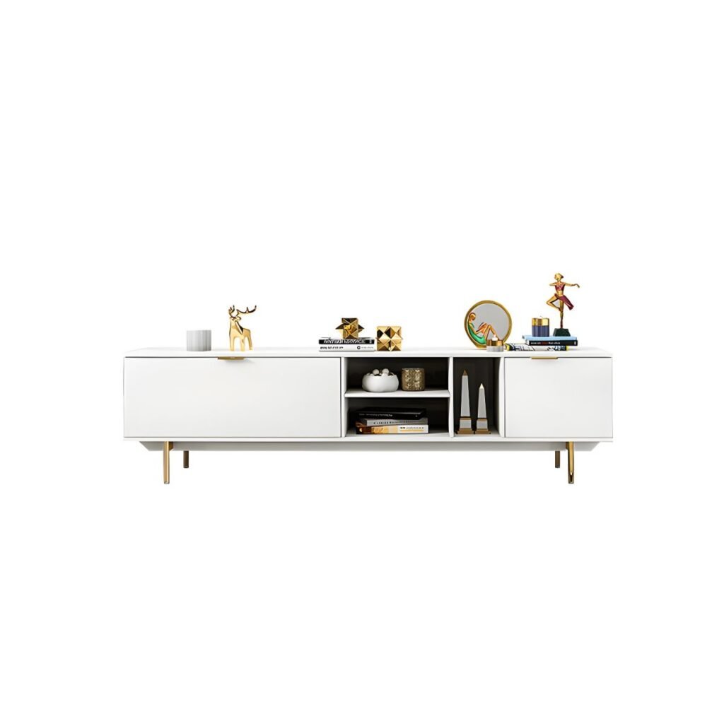 1200x12005 131 Modern White Gold TV Stand with 3 Drawers, Stunning 79 inch Media Center with Elegant Tapered Legs