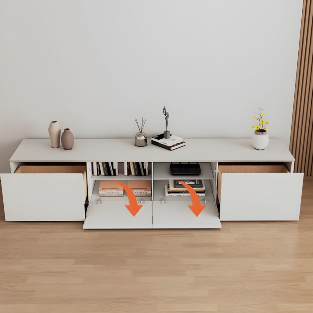 1200x12005 137 Sleek White Media Console Table, Radiant 94 inch Minimalist TV Stand with Drop-down Storage for Modern Homes