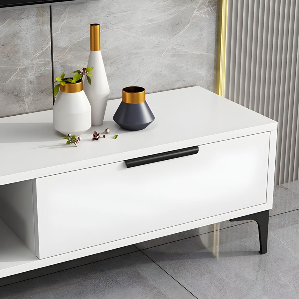 1200x12006 101 Grey White Small TV Console with Open Shelf, 47 inch Modern Two-Tone Media Stand for Cozy Living Spaces