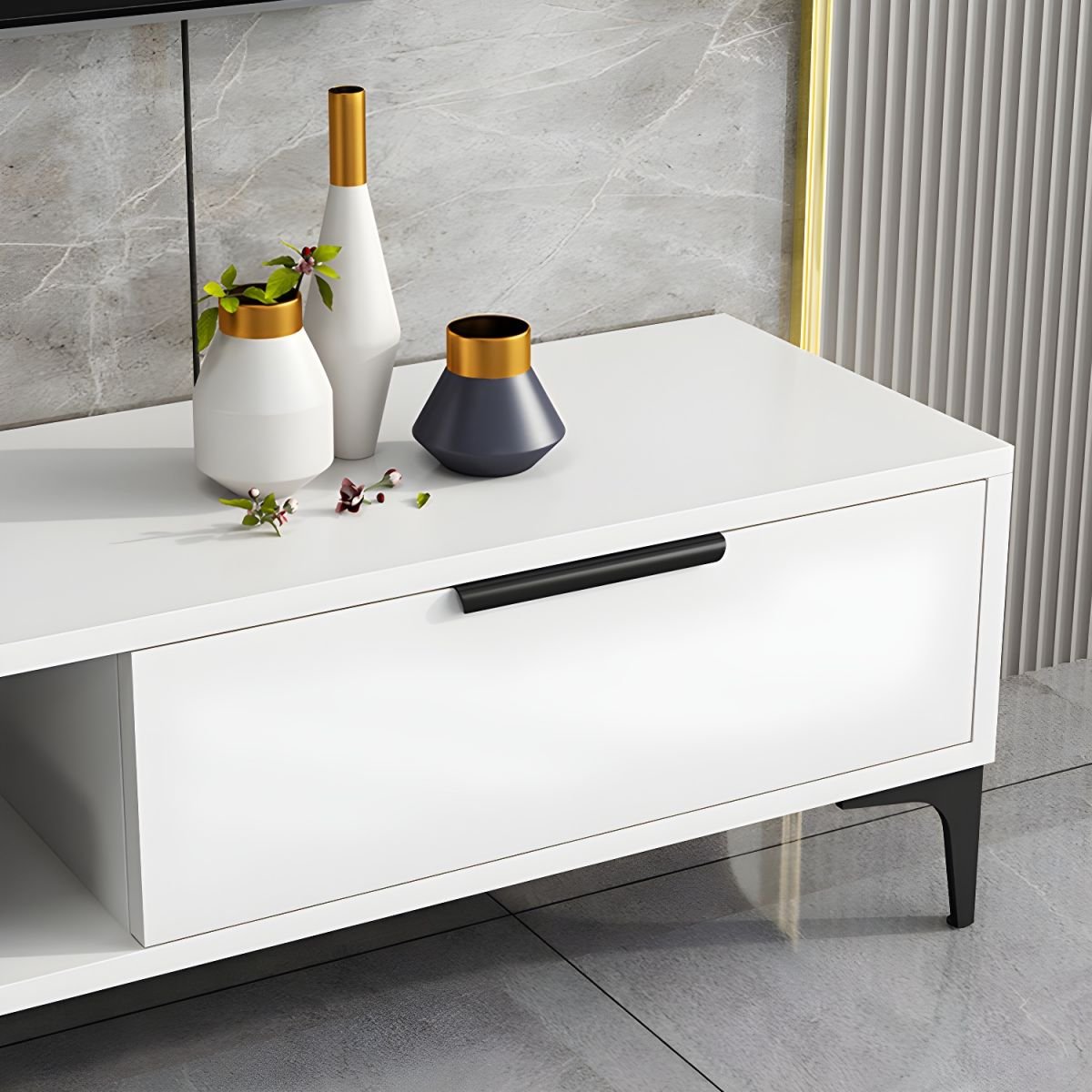 Ivory Wood TV Stand with Shelf, 2 Drawers, 2 Cabinets, Cable Management, and Visible Storage - Image 7