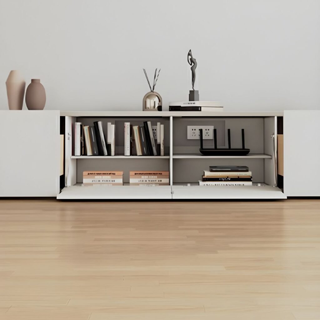1200x12006 126 Sleek White Media Console Table, Radiant 94 inch Minimalist TV Stand with Drop-down Storage for Modern Homes