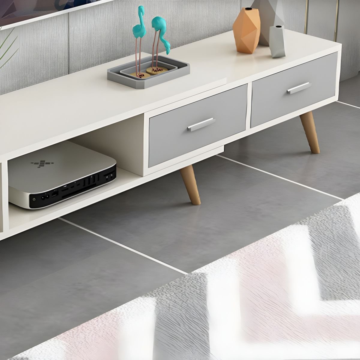 Wood TV Stand Console in Wood with Storage Drawers and Metal Legs Glam - Image 7