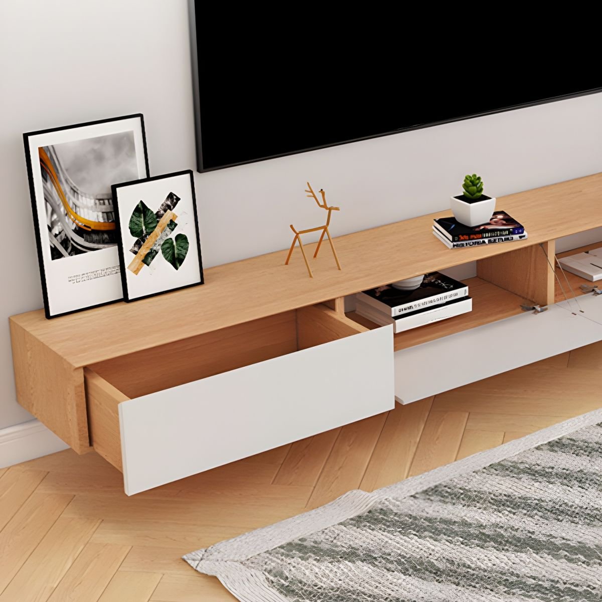 Chalk Modern Simple Style Wood TV Stand with Shelf, 4 Drawers, Cable Management, and Open-air Storage - Image 8