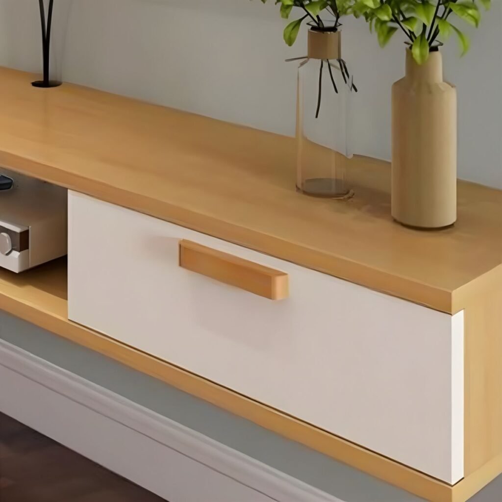 1200x12006 95 Natural Color Lumber TV Stand with Exposed Storage, Shelf, 2-Drawer & Cable Management
