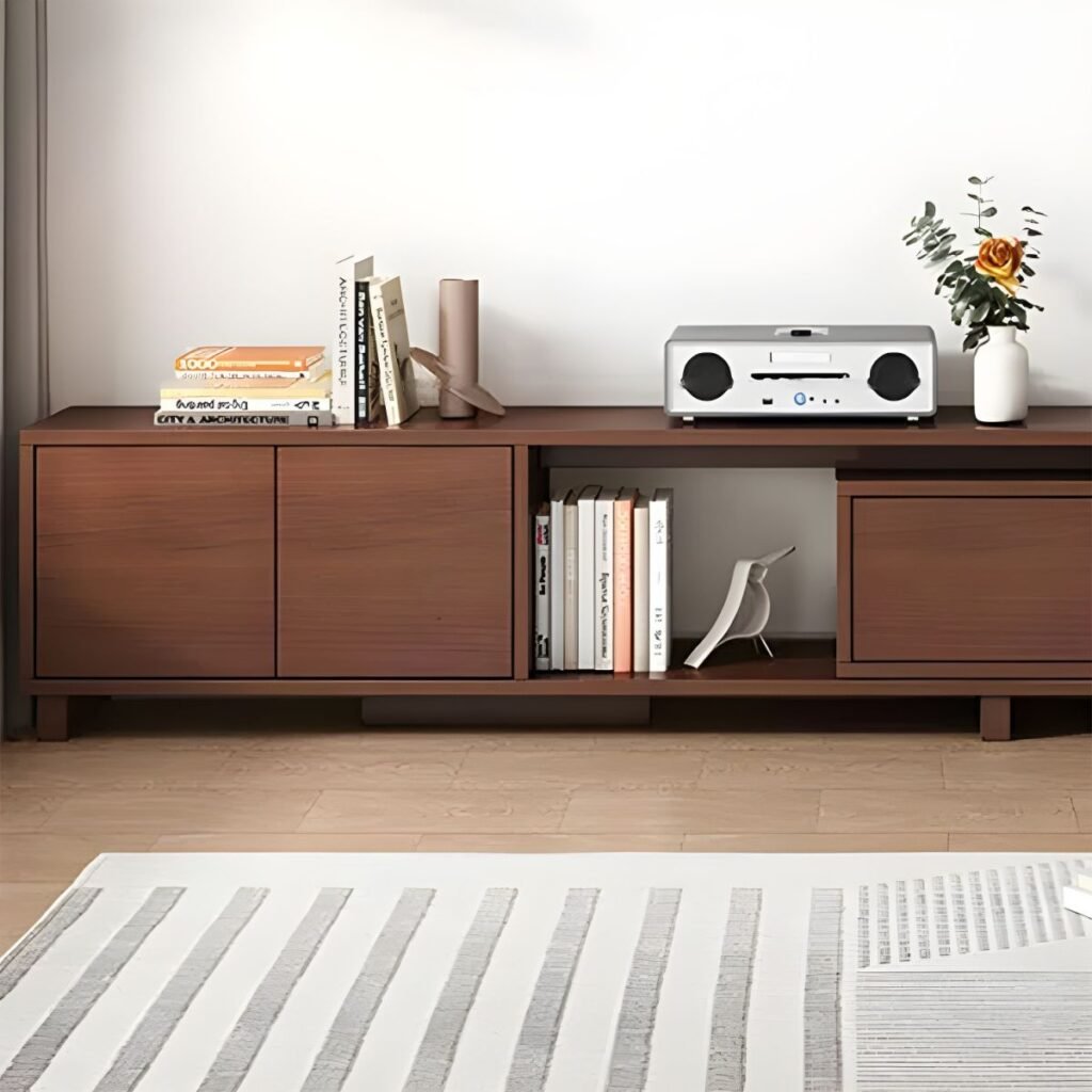 1200x12007 103 Durable Cocoa Art Deco Rectangular Wood TV Stand with 3 Drawers and Cable Management Console
