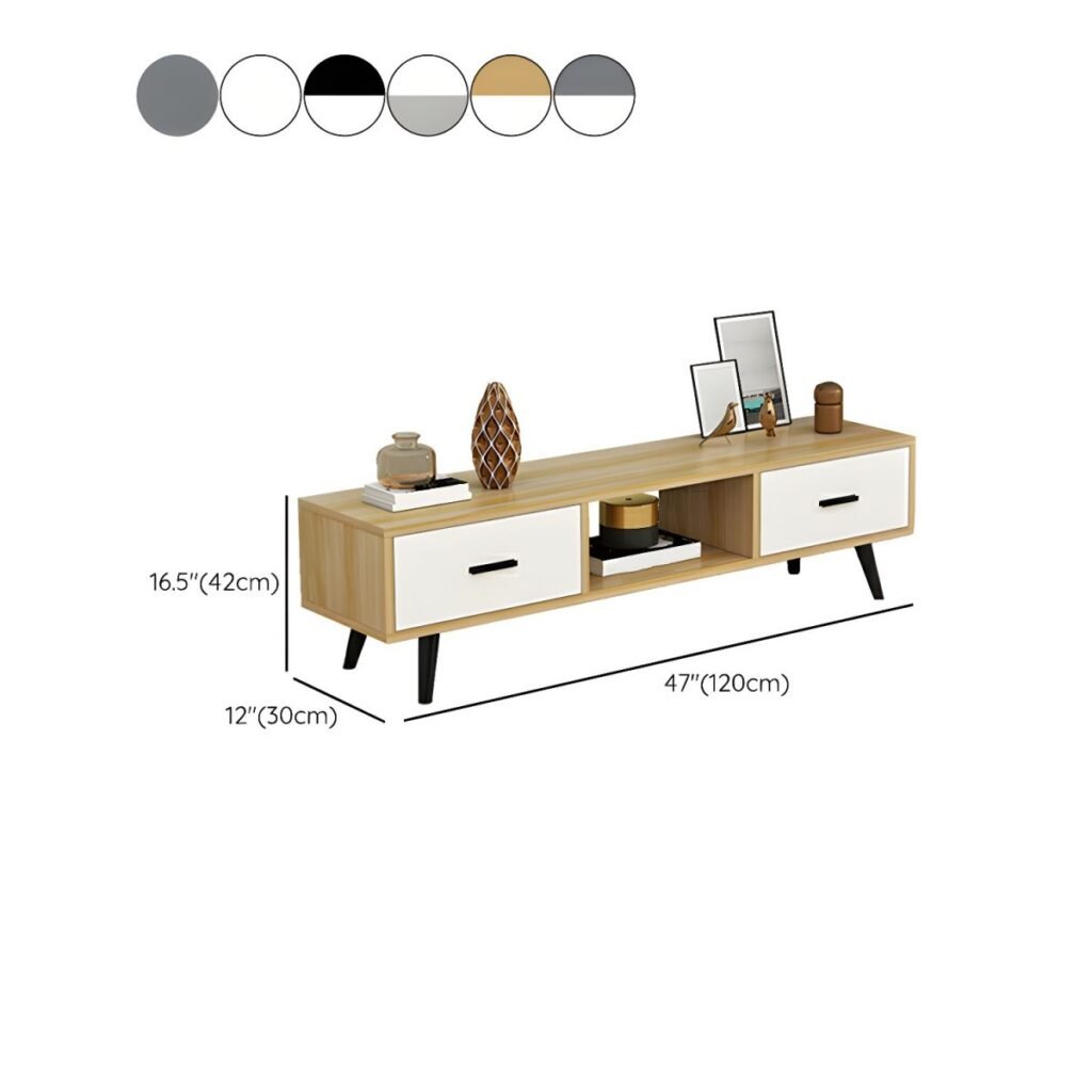 1200x12007 115 Modern Minimalist Media Shelf with 2 Drawers, Charming 63 inch Center Open Console for Stylish Living
