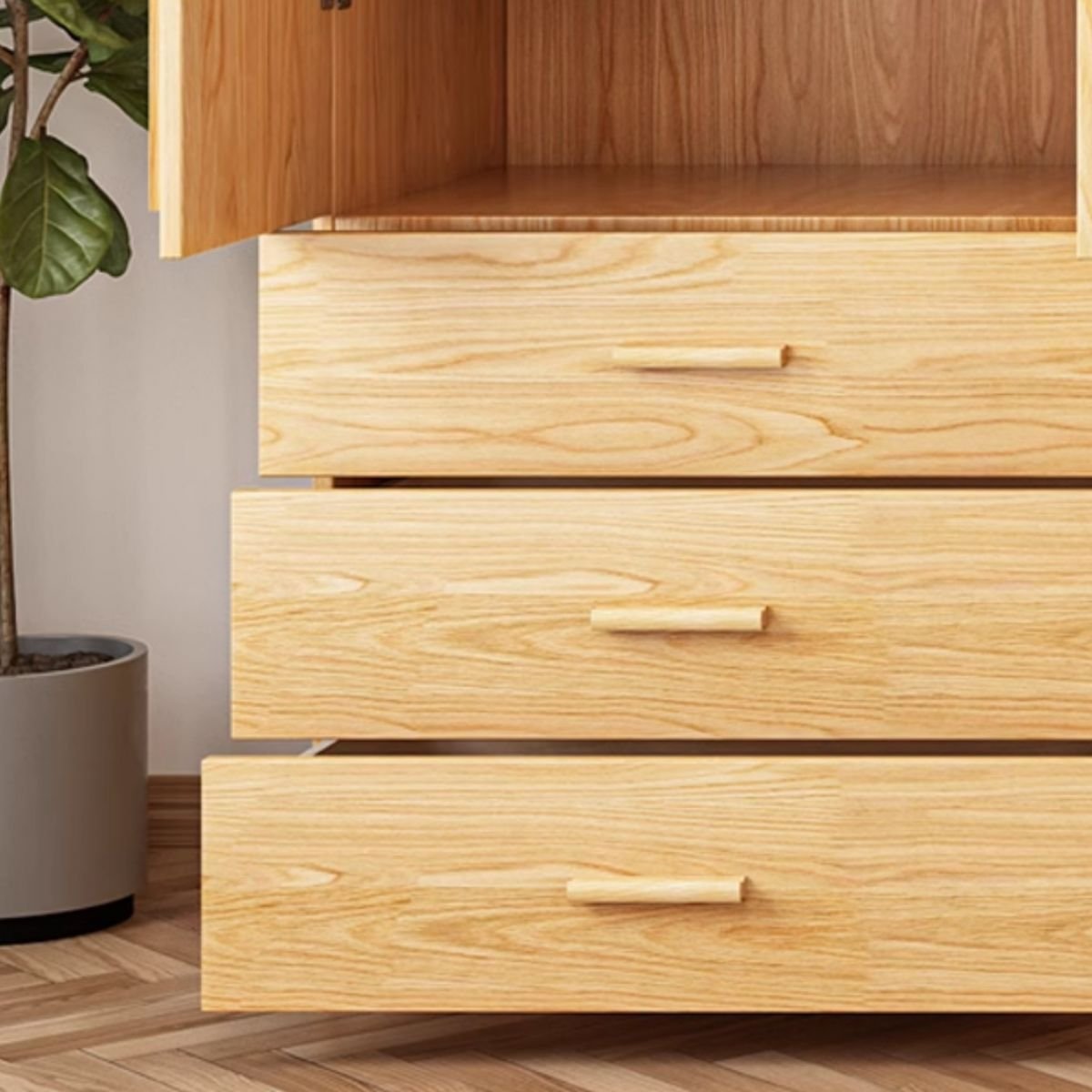 Modern Natural Wood Wardrobe Armoire with Sliding Doors, Drawers, and Shelves - Image 9