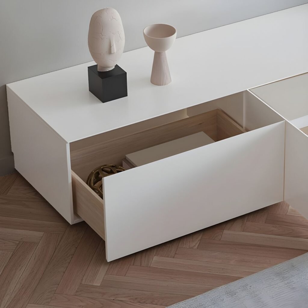 1200x12007 69 Chic 59 inch White Media Console with Gas Strut Drop-down Door, Modern Minimalist TV Stand featuring 2 Hidden Handle Drawers