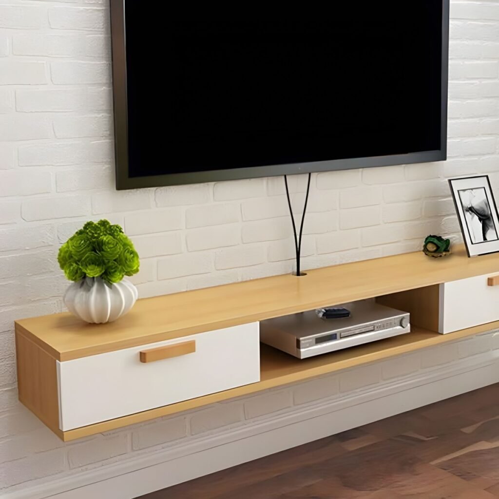 1200x12007 72 Natural Color Lumber TV Stand with Exposed Storage, Shelf, 2-Drawer & Cable Management