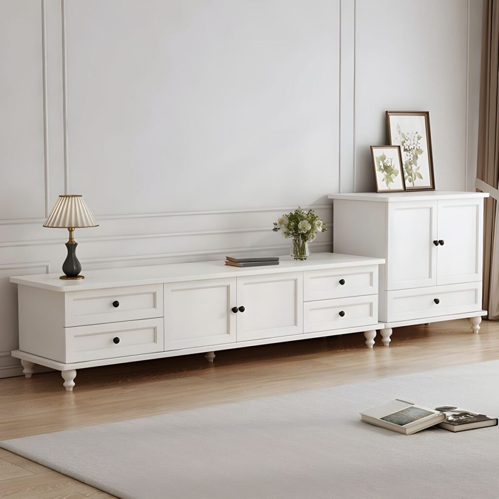 1200x12007 78 Elegant European White TV Stand with 4 Drawers and Soft Close Doors, 55 inch Charming Media Center for French Style Living