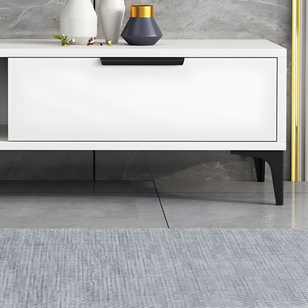 1200x12007 79 Sleek Two Tone Media Console with Central Open Shelf, 47 inch Contemporary Grey and White TV Stand for Modern Apartments