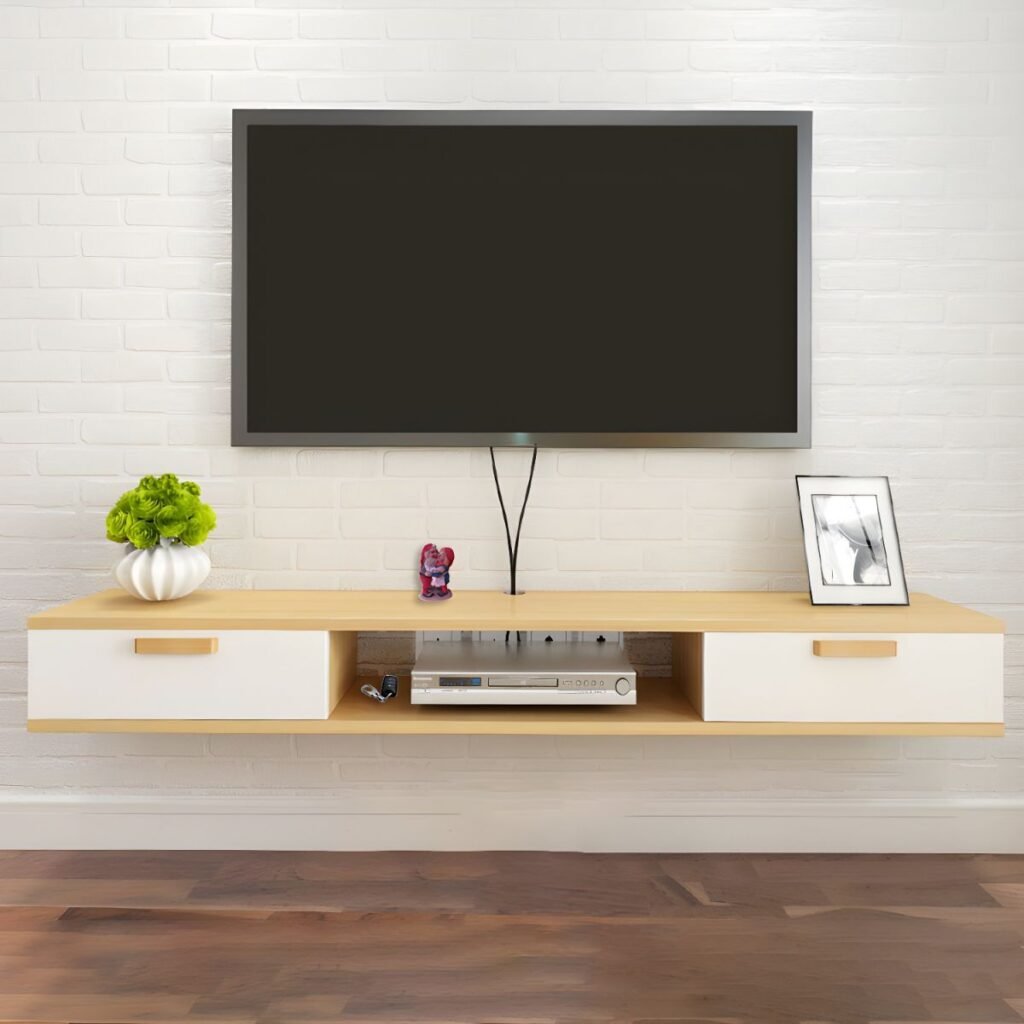 1200x12007 83 Modern Oak White Floating Console with Open Shelf, 39 inch Charming Wood Tone Wall Mounted Media Center