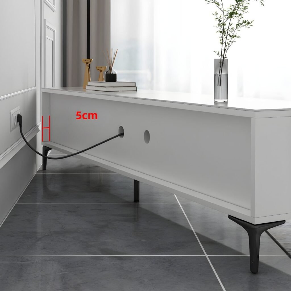 1200x12007 96 Elegant White Metal Leg TV Base with 4 Drawers, Radiant 79 inch Modern Media Center for Elite Living