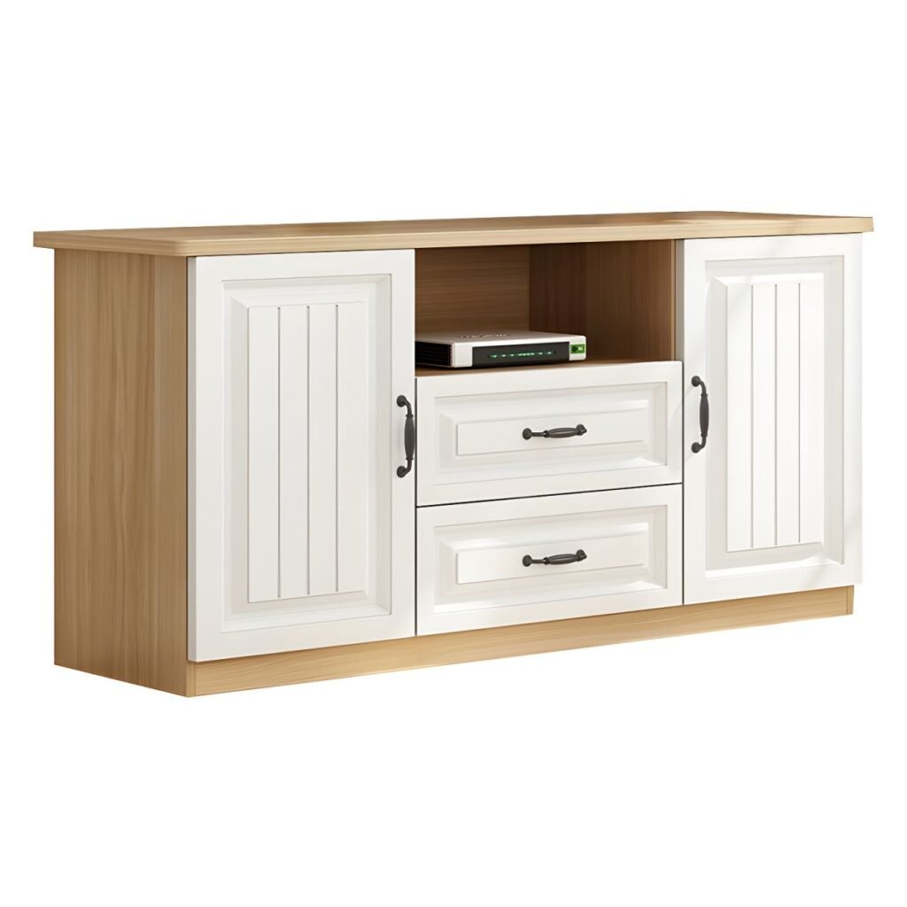 1200x12007 98 Scandi Wood Paneled Media Base with Drawers, Charming 63 inch Mid-Height Console for Cozy Living