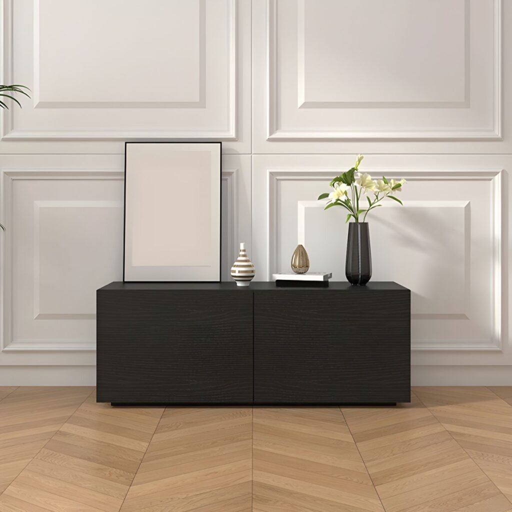 1200x12008 57 Sophisticated Black Wood TV Stand with 4 Hidden Handle Drawers, 86.5-inch Modern Minimalist Media Console for Large Screen TVs