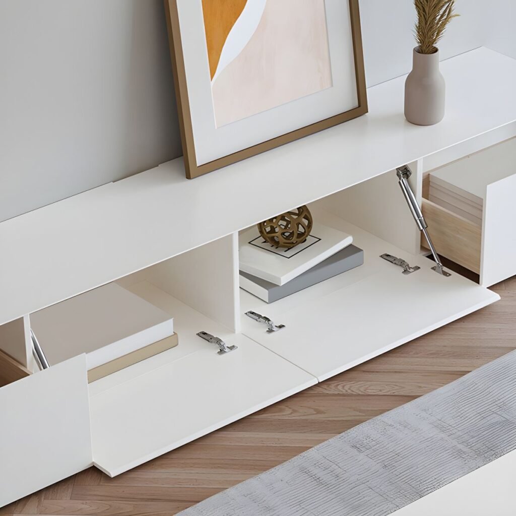 1200x12008 58 Chic 59 inch White Media Console with Gas Strut Drop-down Door, Modern Minimalist TV Stand featuring 2 Hidden Handle Drawers