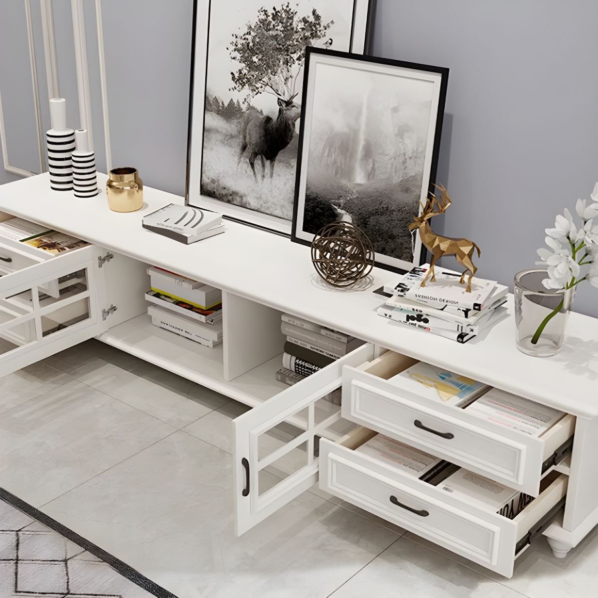 2 Tiers & 2-Door Rectangle Matte Solid Wood+Manufactured Wood Adjustable Shelf TV Stand for Living Room - Image 9