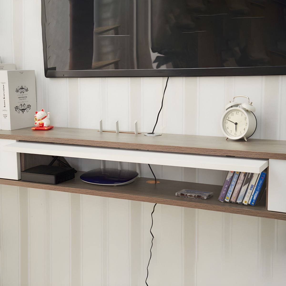 Modern Wall-Mounted White TV Media Console with Cable Management and 2-Drawer - Image 9