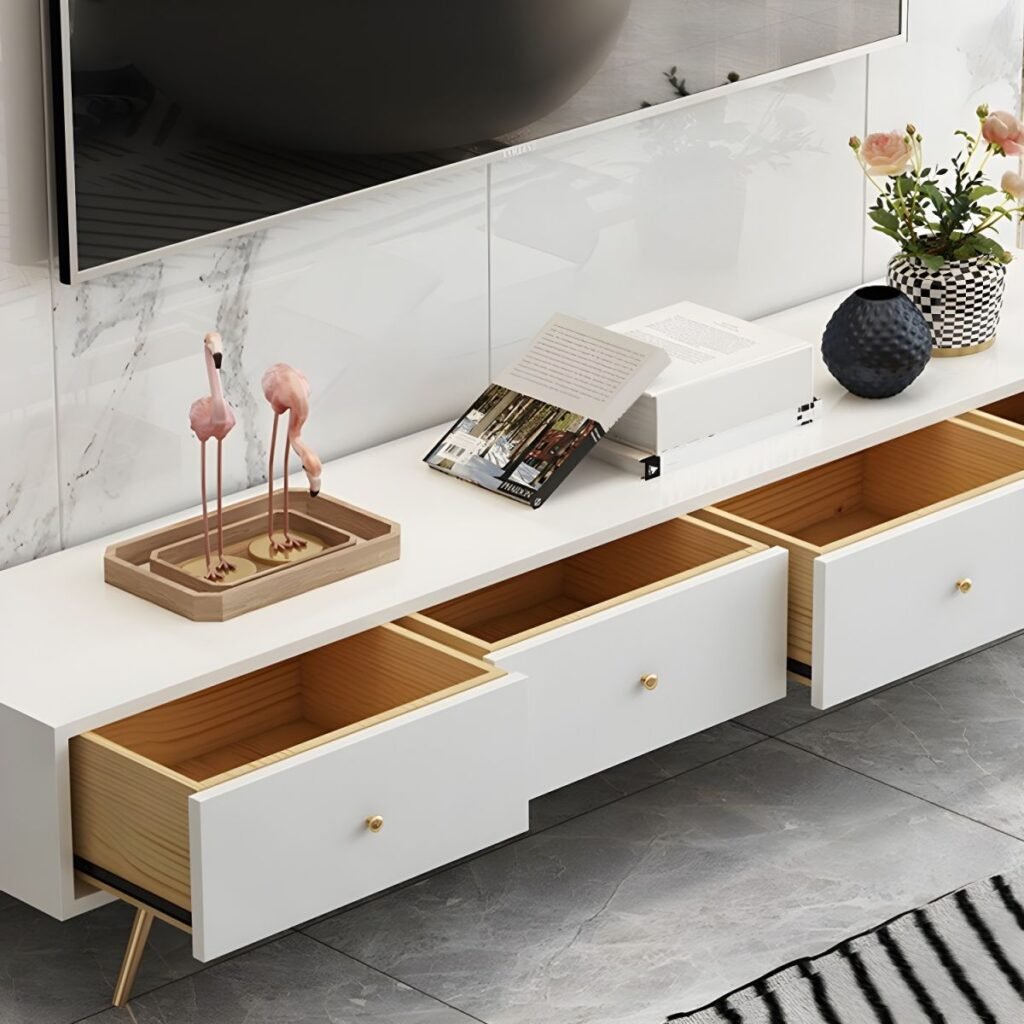 1200x12008 66 Elegant White 4 Drawer TV Stand featuring Modern Minimalist Design, 79 inch Large Media Console for Luxury Living