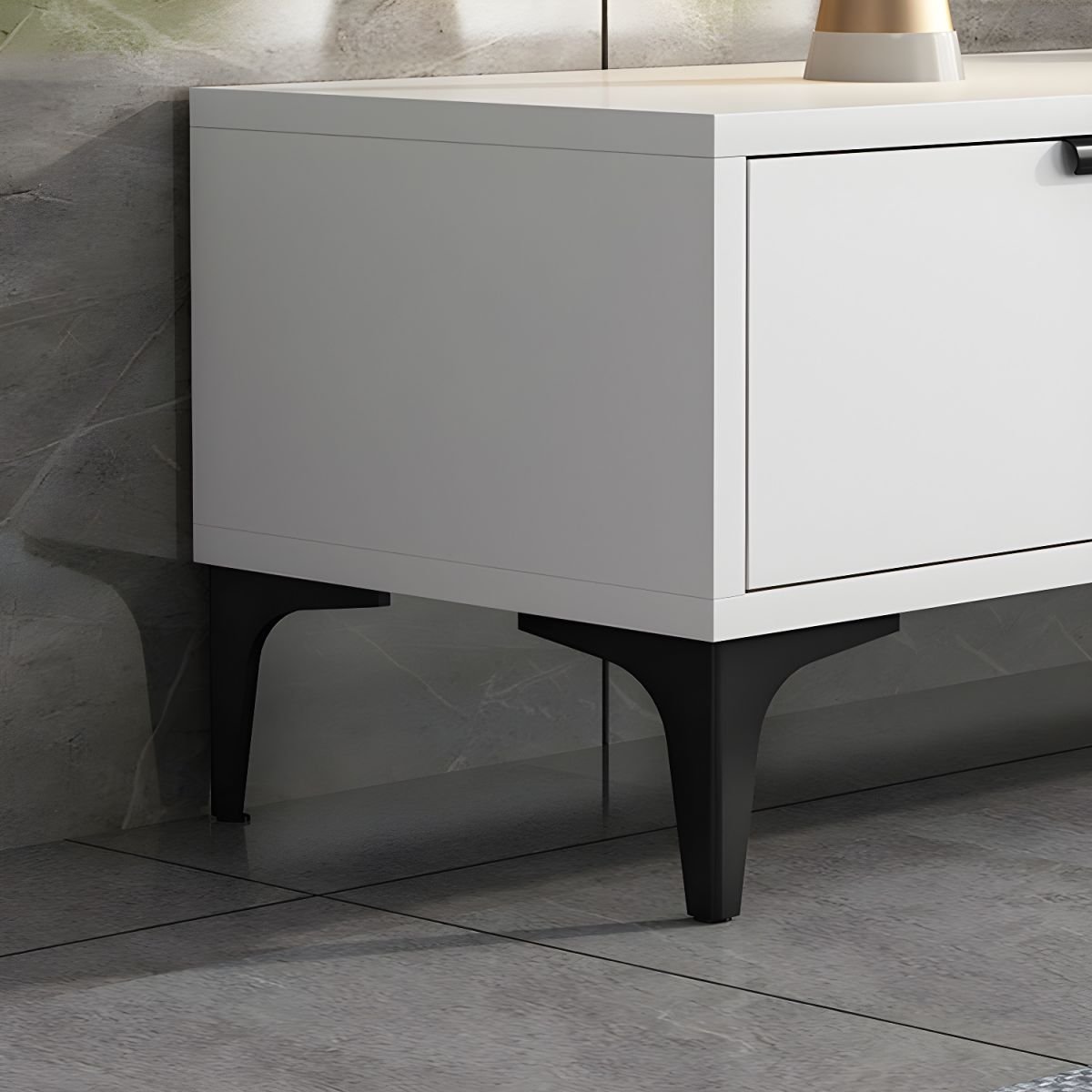 Ivory Wood TV Stand with Shelf, 2 Drawers, 2 Cabinets, Cable Management, and Visible Storage - Image 9