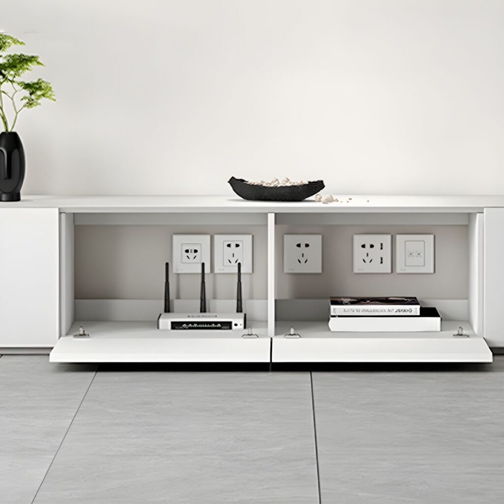 1200x12008 69 Chic White Gas Lift TV Stand with Hidden Handles, 59 inch Sophisticated Media Console for Modern Luxury Living
