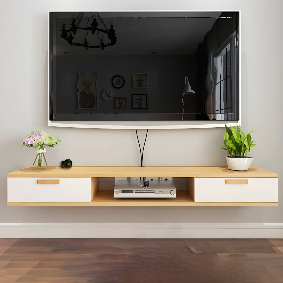 Nordic Wall-Mounted TV Console Solid Wood 2-Drawer Floating TV Stand Console - Image 9