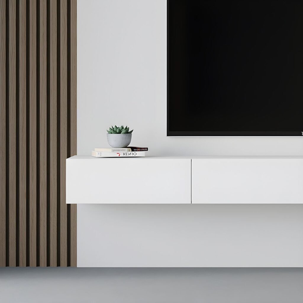 1200x12008 75 Sleek White Floating TV Stand with 2 Drawers, Stunning 71 inch Wall Mounted Media Console for Modern Luxury Spaces