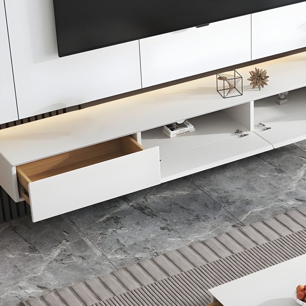 1200x12008 77 Floating White Media Console with 2 Drawers, Stunning 94 inch Wall Mounted Entertainment Unit for Modern Living